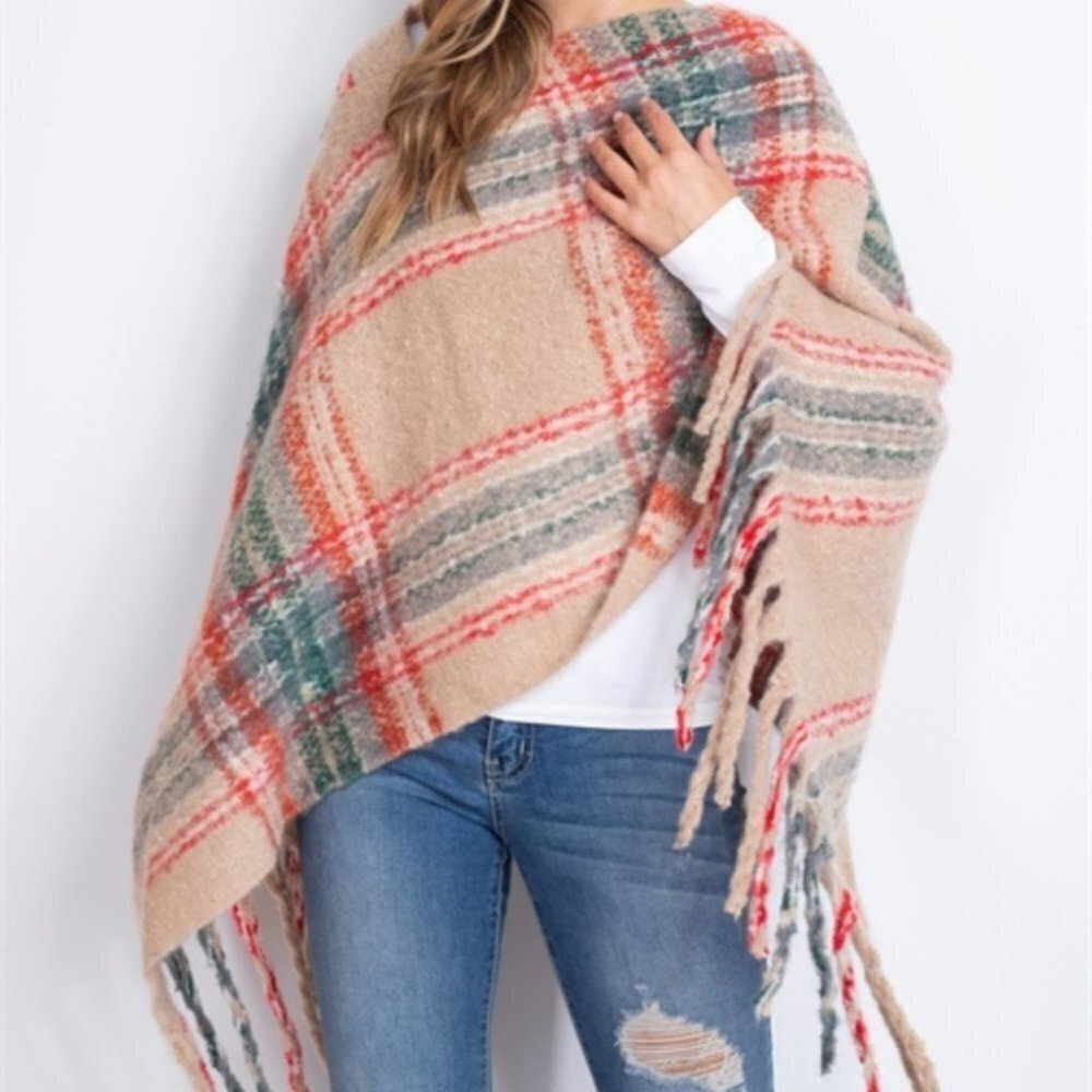 PLAID PRINT FRINGE SWEATER SHAWL PONCHO